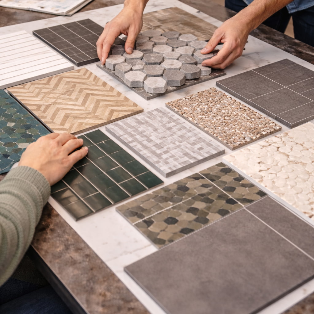 People choosing tile samples on a design table