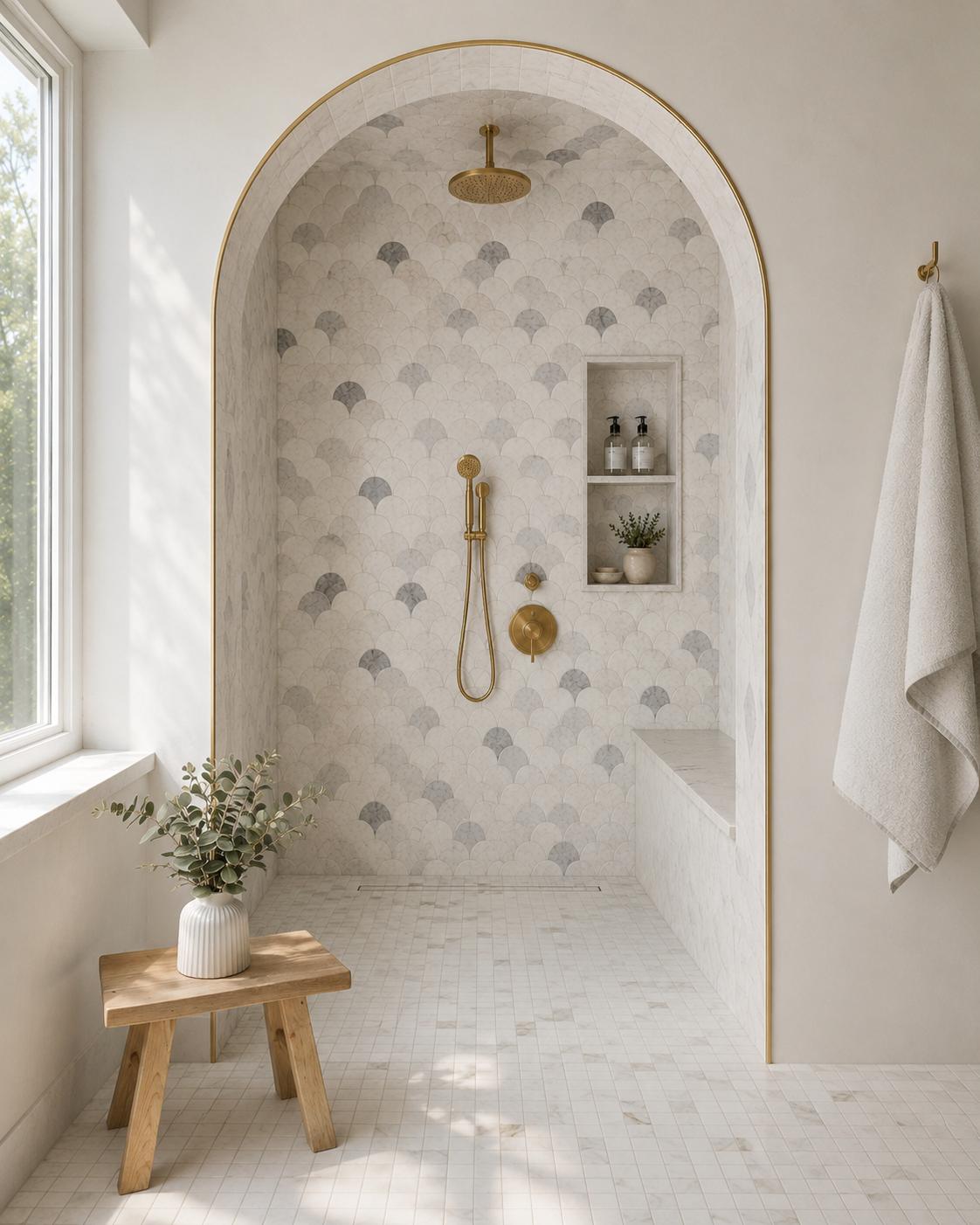 White scalloped tile shower with an arched alcove and brass fixtures