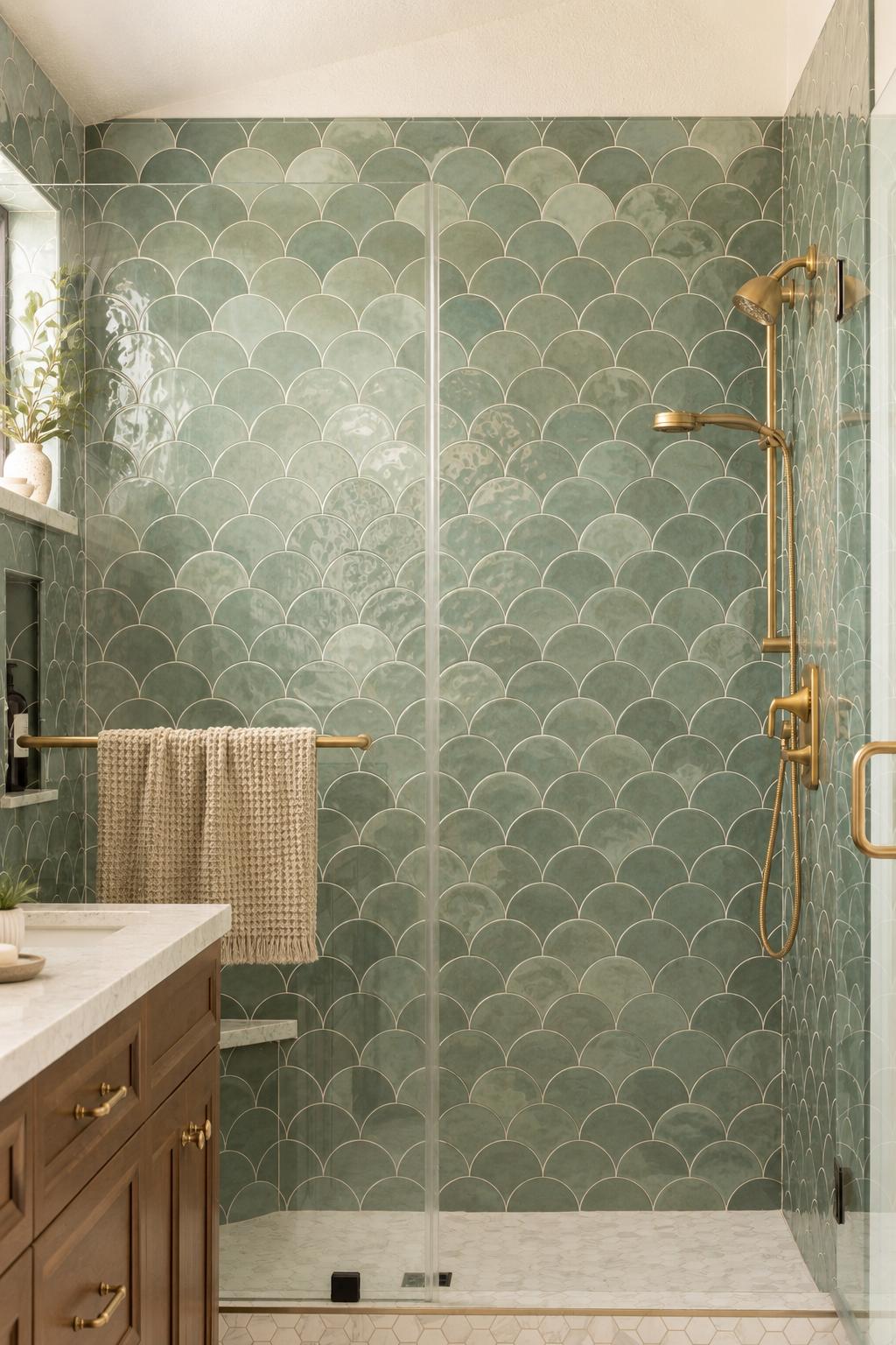 Green scalloped tile shower walls with brass fixtures and glass enclosure