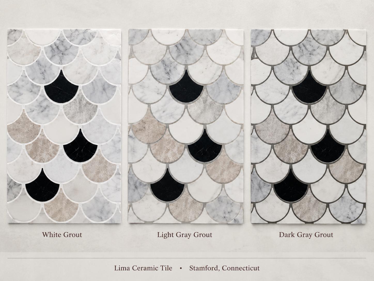 Scalloped tile samples shown with white, light gray, and dark gray grout options