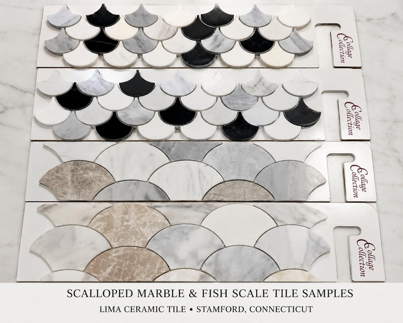 Scalloped marble and fish-scale tile samples in white, gray, and beige tones